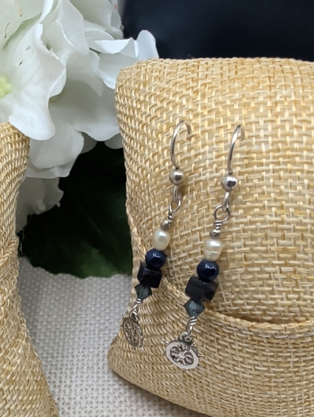 Sterling Silver Nautical Wheel Dangle Earrings with Navy and Pearl Beads - Picture 11 of 17